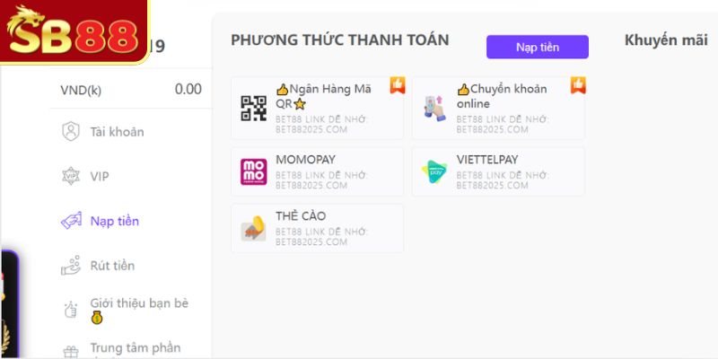 Hướng dẫn các bước nạp tiền SB88 nhanh chóng